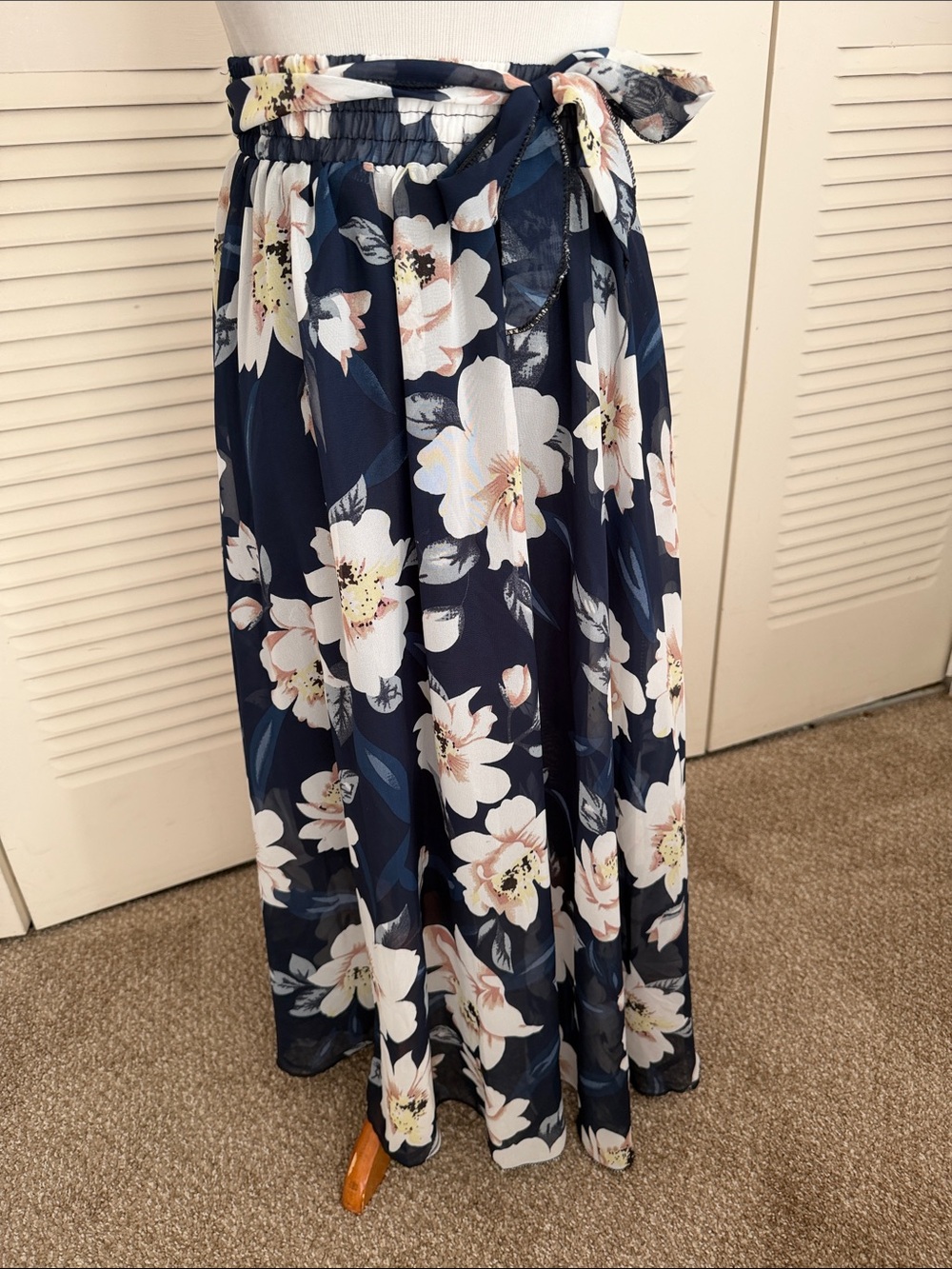 Navy Floral Maxi Skirt with Tie Waist